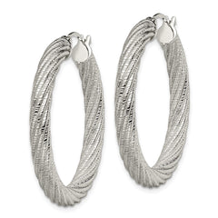 SRE656 Chisel Stainless Steel Polished and Textured Hollow Hoop Earrings