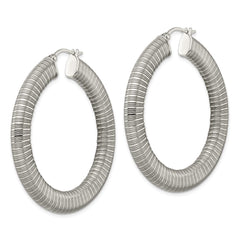 SRE672 Stainless Steel Polished and Textured Hollow Hoop Earrings