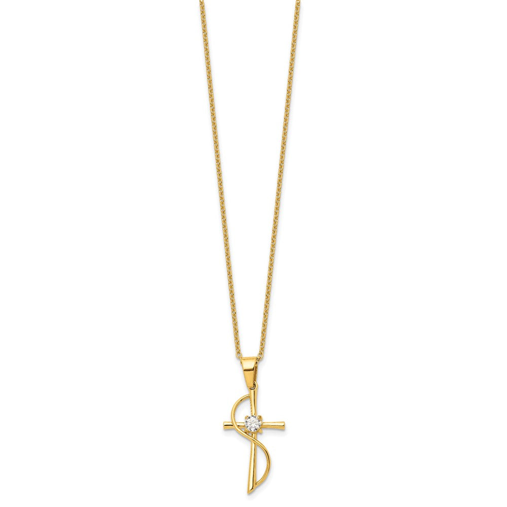 Chisel Stainless Steel Polished Yellow IP-plated with CZ Cross Pendant on a 17.75 inch Cable Chain Necklace SRN3059-17.75