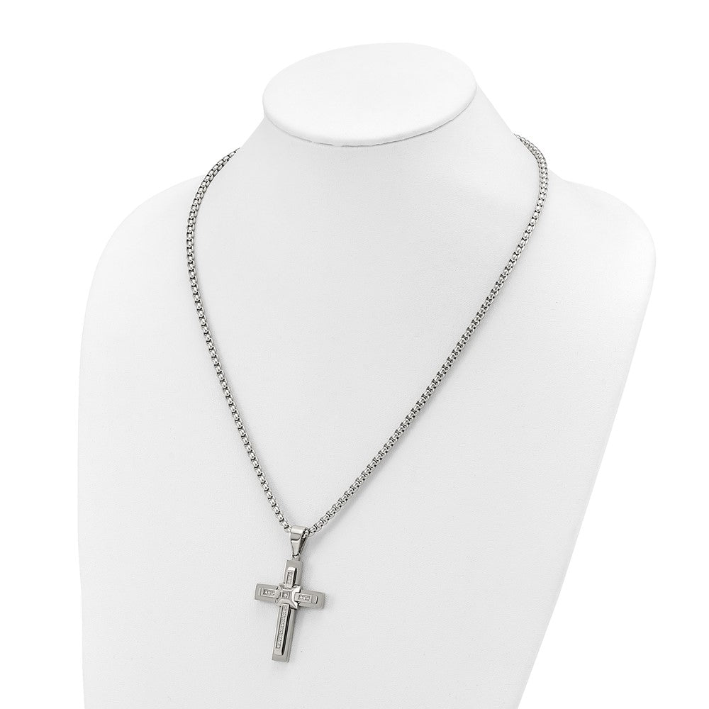 Chisel Stainless Steel Polished with CZ Cross Pendant on a 22 inch Box Chain NecklaceSRN3123-22