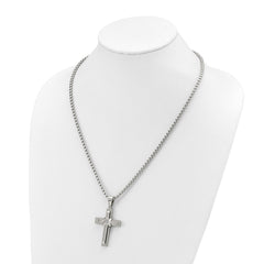 Chisel Stainless Steel Polished with CZ Cross Pendant on a 22 inch Box Chain NecklaceSRN3123-22