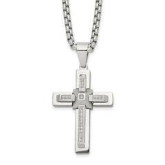 Chisel Stainless Steel Polished with CZ Cross Pendant on a 22 inch Box Chain NecklaceSRN3123-22
