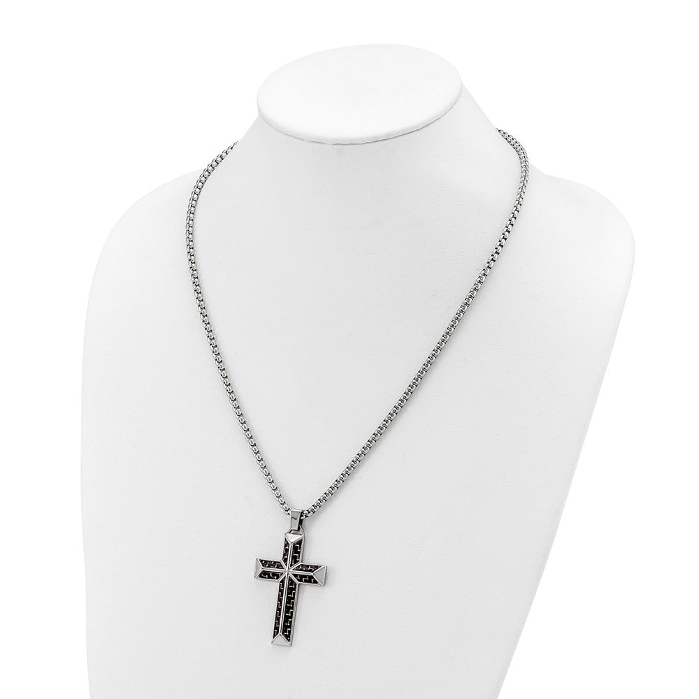 Chisel Stainless Steel Polished with Black Carbon Fiber Inlay Cross Pendant on a 22 inch Box Chain NecklaceSRN3124-22