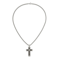 Chisel Stainless Steel Polished with Black Carbon Fiber Inlay Cross Pendant on a 22 inch Box Chain NecklaceSRN3124-22