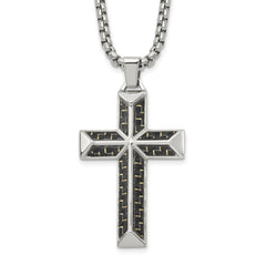 Chisel Stainless Steel Polished with Black Carbon Fiber Inlay Cross Pendant on a 22 inch Box Chain NecklaceSRN3124-22