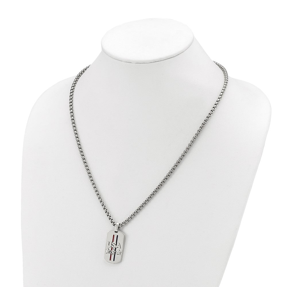 Chisel Stainless Steel Polished Enameled USA and Stars Dog Tag on a 22 inch Box Chain NecklaceSRN3126-22