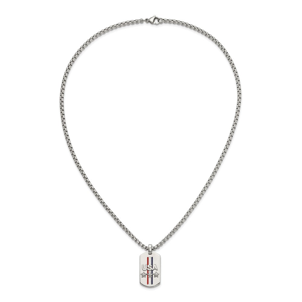 Chisel Stainless Steel Polished Enameled USA and Stars Dog Tag on a 22 inch Box Chain NecklaceSRN3126-22