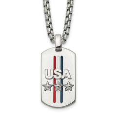 Chisel Stainless Steel Polished Enameled USA and Stars Dog Tag on a 22 inch Box Chain NecklaceSRN3126-22