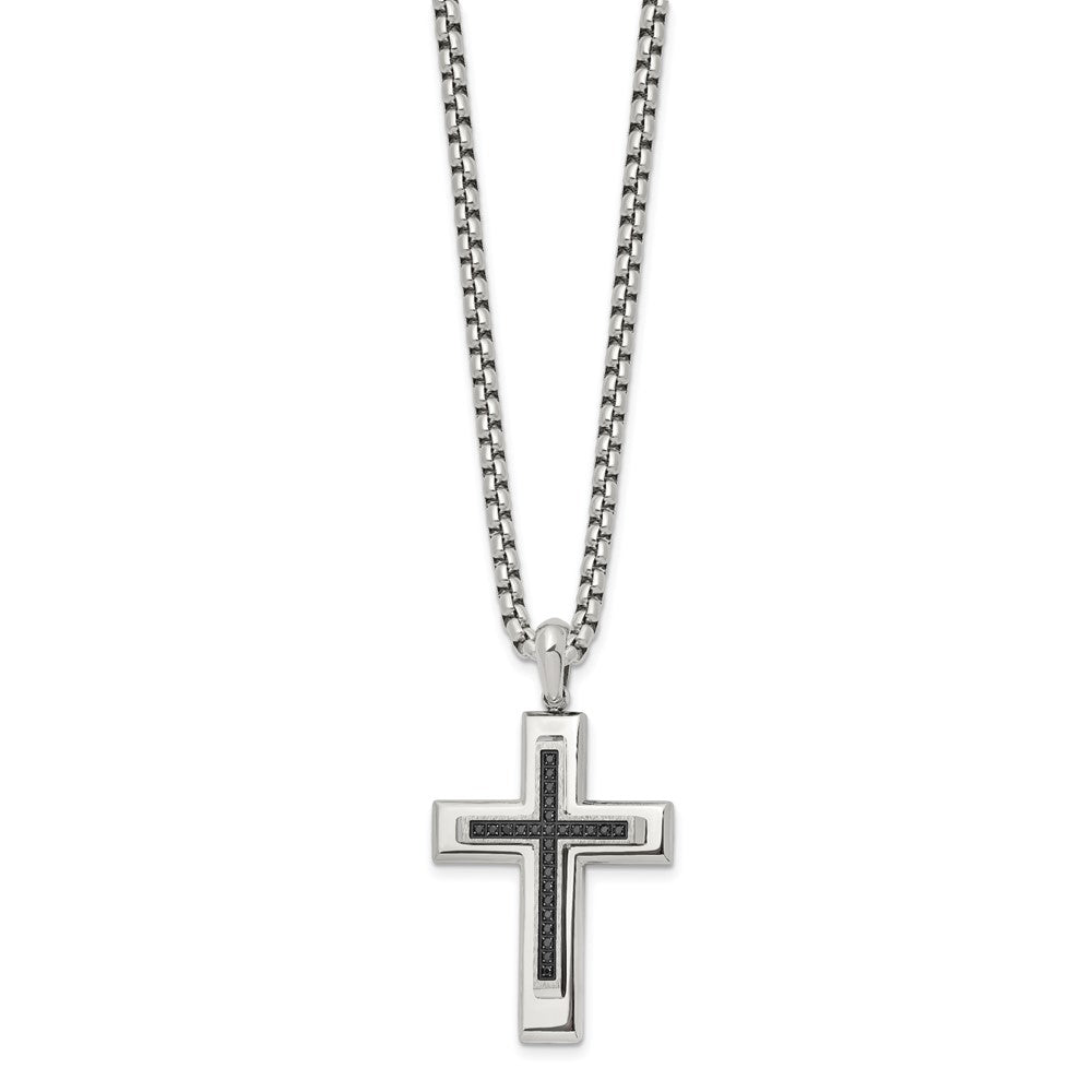 Chisel Stainless Steel Polished with Black CZ Cross Pendant on a 22 inch Box Chain NecklaceSRN3129-22
