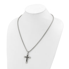Chisel Stainless Steel Polished with Black CZ Cross Pendant on a 22 inch Box Chain NecklaceSRN3129-22