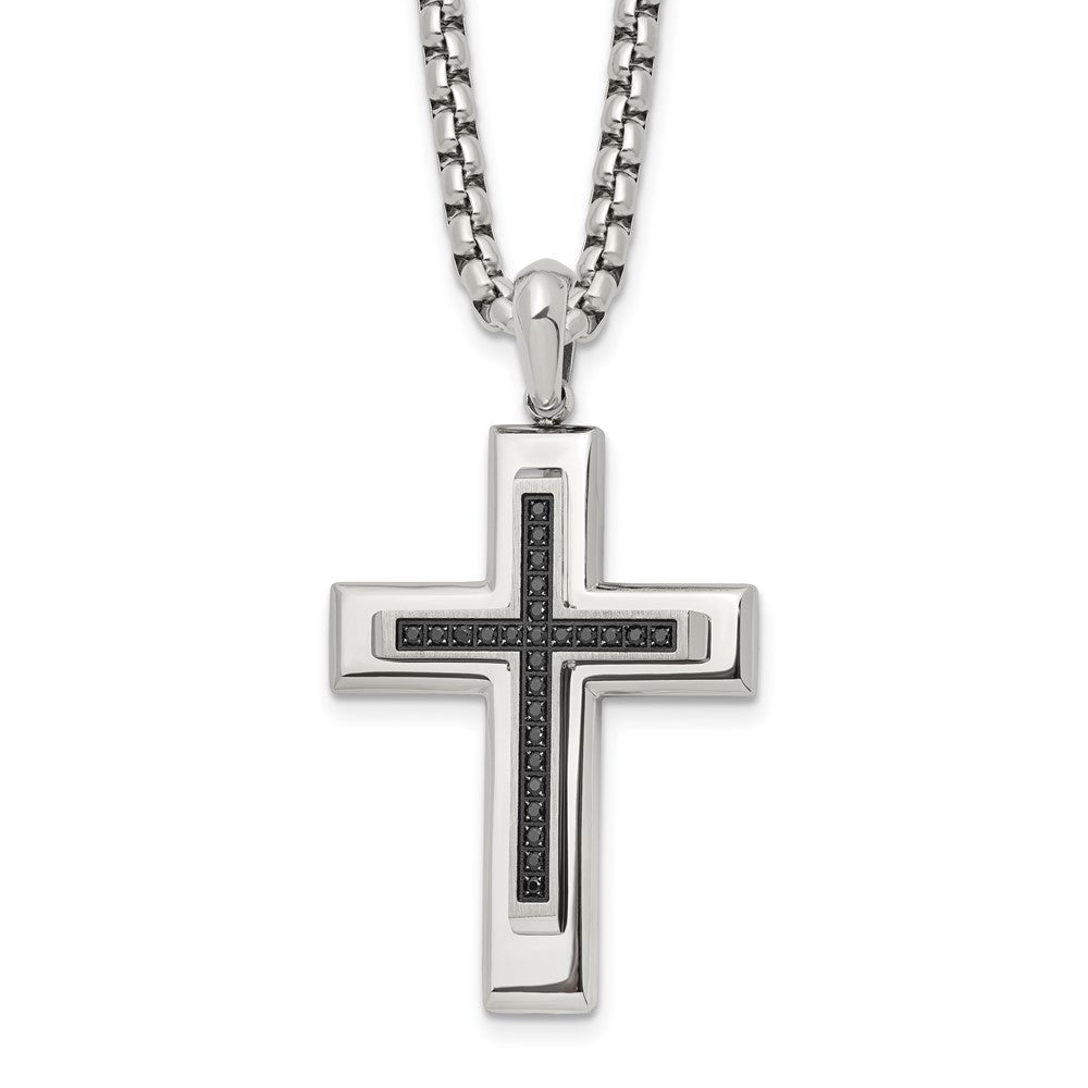 Chisel Stainless Steel Polished with Black CZ Cross Pendant on a 22 inch Box Chain NecklaceSRN3129-22