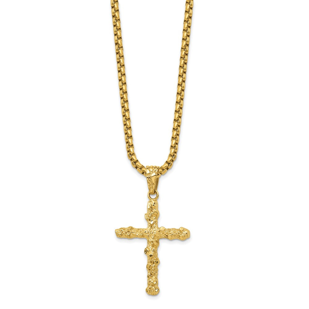 Chisel Stainless Steel Polished and Textured Yellow IP-plated Nugget Cross Pendant on a 22 inch Box Chain NecklaceSRN3131-22