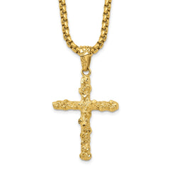 Chisel Stainless Steel Polished and Textured Yellow IP-plated Nugget Cross Pendant on a 22 inch Box Chain NecklaceSRN3131-22