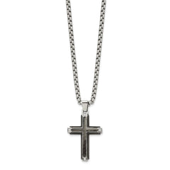 Chisel Stainless Steel Polished with CZ and Black Carbon Fiber Inlay Cross Pendant on a 22 inch Box Chain NecklaceSRN3133-22