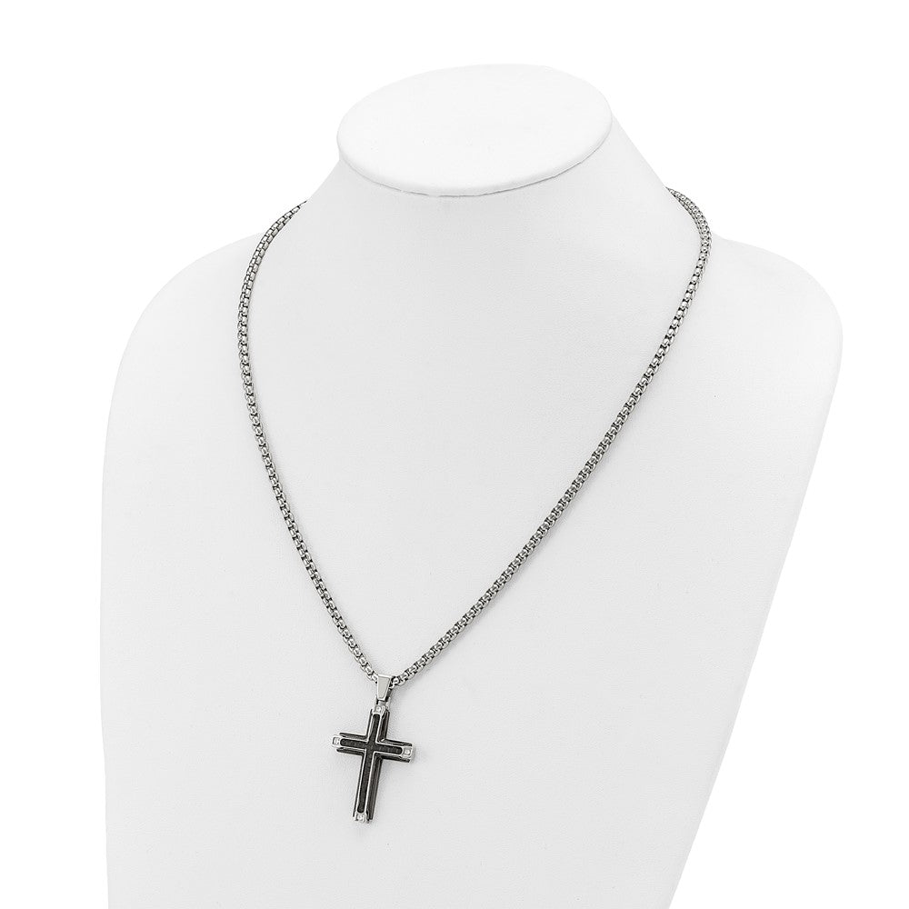 Chisel Stainless Steel Polished with CZ and Black Carbon Fiber Inlay Cross Pendant on a 22 inch Box Chain NecklaceSRN3133-22