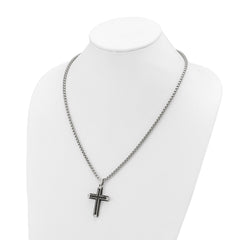Chisel Stainless Steel Polished with CZ and Black Carbon Fiber Inlay Cross Pendant on a 22 inch Box Chain NecklaceSRN3133-22