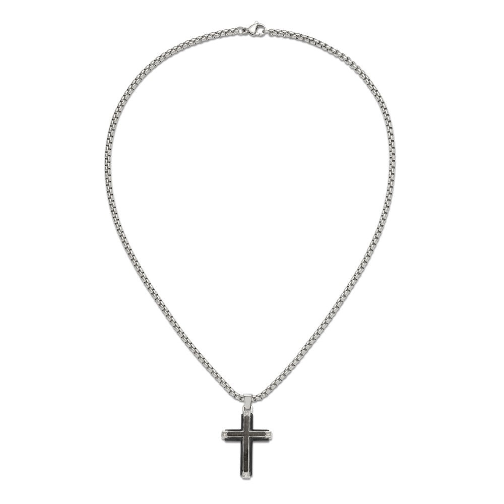Chisel Stainless Steel Polished with CZ and Black Carbon Fiber Inlay Cross Pendant on a 22 inch Box Chain NecklaceSRN3133-22