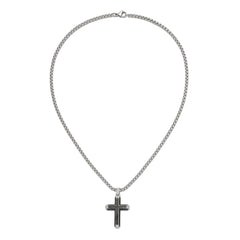 Chisel Stainless Steel Polished with CZ and Black Carbon Fiber Inlay Cross Pendant on a 22 inch Box Chain NecklaceSRN3133-22