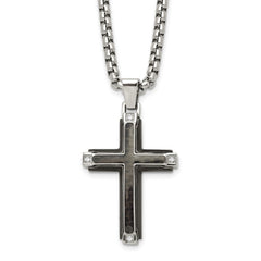 Chisel Stainless Steel Polished with CZ and Black Carbon Fiber Inlay Cross Pendant on a 22 inch Box Chain NecklaceSRN3133-22