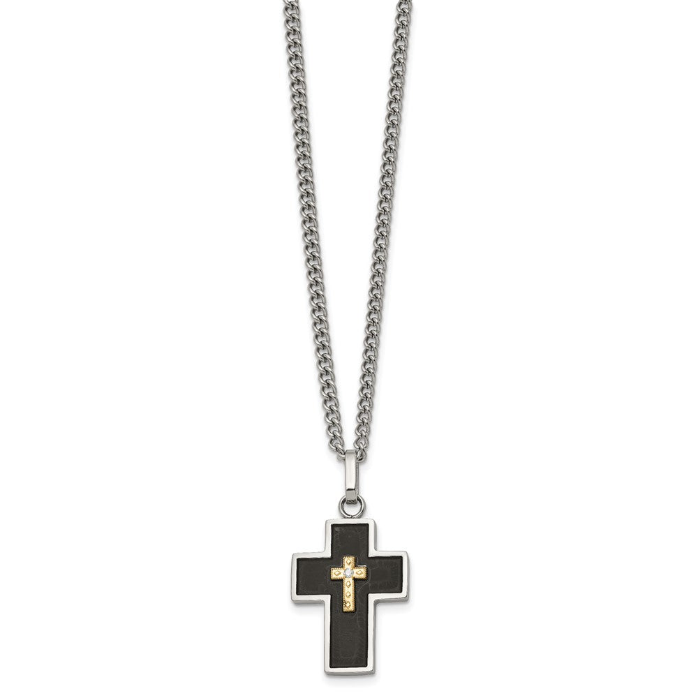 Chisel Stainless Steel Polished with 14K Gold Accent and 2pt. Diamond with Black Enamel Cross Pendant on 24 inch Curb Chain NecklaceSRN3173-24