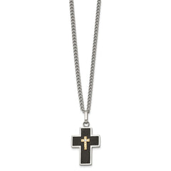 Chisel Stainless Steel Polished with 14K Gold Accent and 2pt. Diamond with Black Enamel Cross Pendant on 24 inch Curb Chain NecklaceSRN3173-24