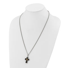 Chisel Stainless Steel Polished with 14K Gold Accent and 2pt. Diamond with Black Enamel Cross Pendant on 24 inch Curb Chain NecklaceSRN3173-24