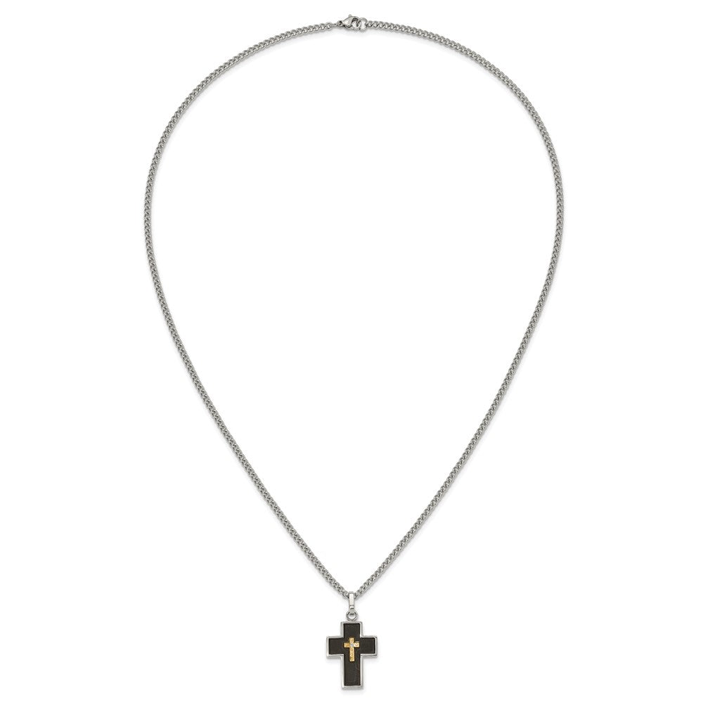 Chisel Stainless Steel Polished with 14K Gold Accent and 2pt. Diamond with Black Enamel Cross Pendant on 24 inch Curb Chain NecklaceSRN3173-24