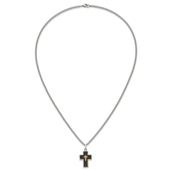 Chisel Stainless Steel Polished with 14K Gold Accent and 2pt. Diamond with Black Enamel Cross Pendant on 24 inch Curb Chain NecklaceSRN3173-24