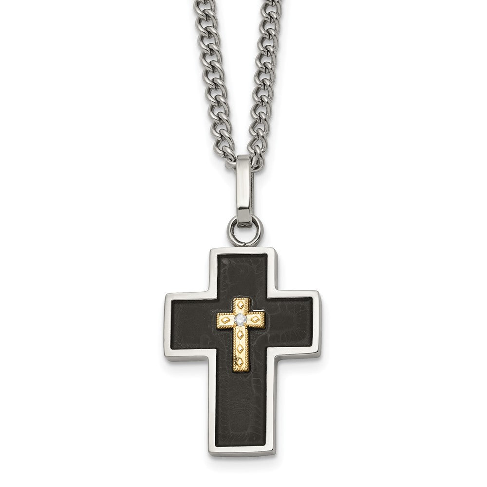 Chisel Stainless Steel Polished with 14K Gold Accent and 2pt. Diamond with Black Enamel Cross Pendant on 24 inch Curb Chain NecklaceSRN3173-24