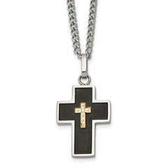 Chisel Stainless Steel Polished with 14K Gold Accent and 2pt. Diamond with Black Enamel Cross Pendant on 24 inch Curb Chain NecklaceSRN3173-24