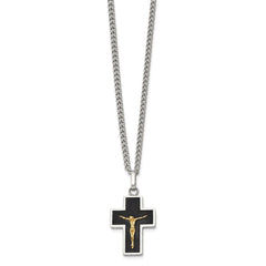 Chisel Stainless Steel Polished with 14K Gold Accent with Black Enamel Crucifix Pendant on a 24 inch Curb Chain NecklaceSRN3175-24