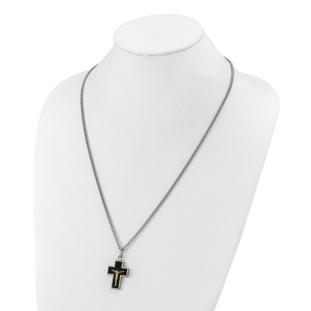 Chisel Stainless Steel Polished with 14K Gold Accent with Black Enamel Crucifix Pendant on a 24 inch Curb Chain NecklaceSRN3175-24