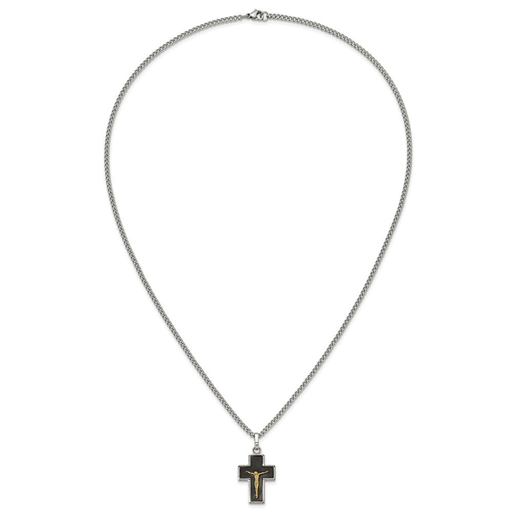 Chisel Stainless Steel Polished with 14K Gold Accent with Black Enamel Crucifix Pendant on a 24 inch Curb Chain NecklaceSRN3175-24