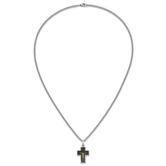 Chisel Stainless Steel Polished with 14K Gold Accent with Black Enamel Crucifix Pendant on a 24 inch Curb Chain NecklaceSRN3175-24
