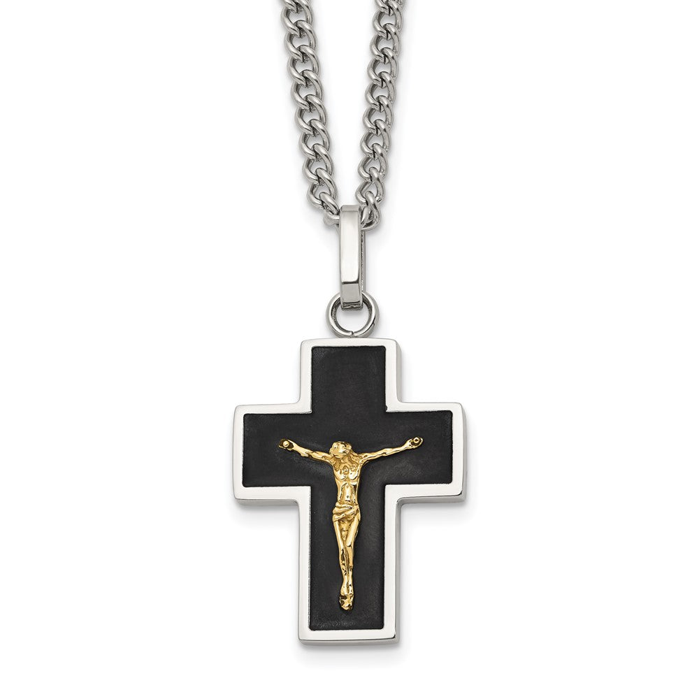 Chisel Stainless Steel Polished with 14K Gold Accent with Black Enamel Crucifix Pendant on a 24 inch Curb Chain NecklaceSRN3175-24