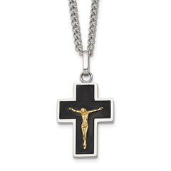 Chisel Stainless Steel Polished with 14K Gold Accent with Black Enamel Crucifix Pendant on a 24 inch Curb Chain NecklaceSRN3175-24