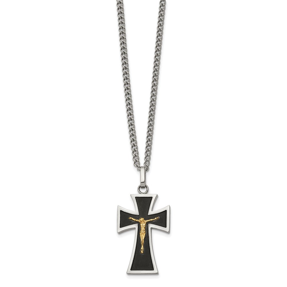 Chisel Stainless Steel Polished with 14K Gold Accent with Black Enamel Crucifix Pendant on a 24 inch Curb Chain NecklaceSRN3176-24