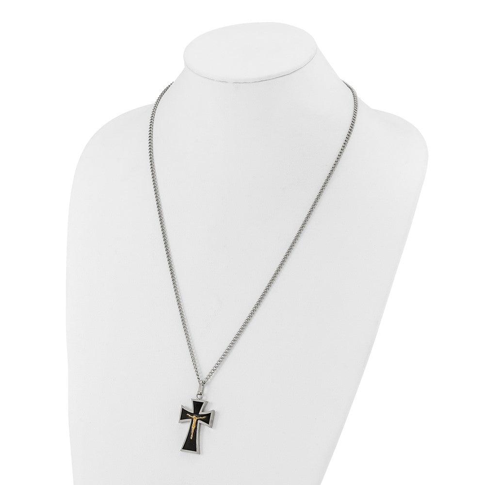 Chisel Stainless Steel Polished with 14K Gold Accent with Black Enamel Crucifix Pendant on a 24 inch Curb Chain NecklaceSRN3176-24