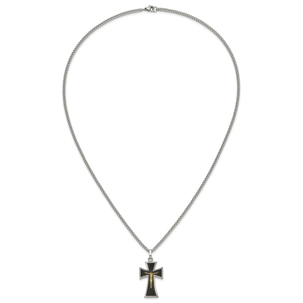 Chisel Stainless Steel Polished with 14K Gold Accent with Black Enamel Crucifix Pendant on a 24 inch Curb Chain NecklaceSRN3176-24