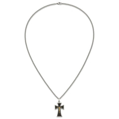Chisel Stainless Steel Polished with 14K Gold Accent with Black Enamel Crucifix Pendant on a 24 inch Curb Chain NecklaceSRN3176-24