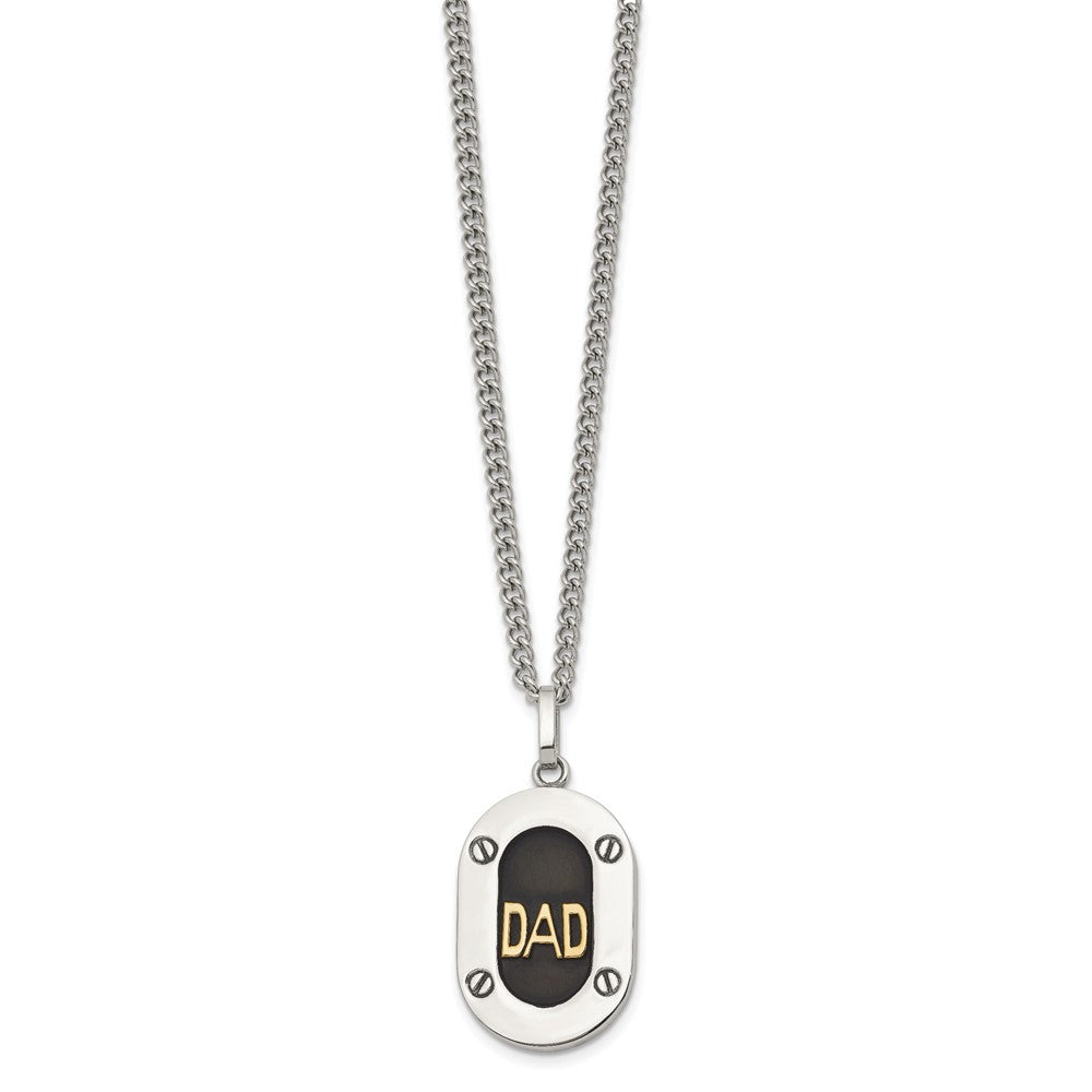 Chisel Stainless Steel Polished with 14K Gold Accent DAD with Black Enameled Pendant on a 24 inch Curb Chain NecklaceSRN3182-24