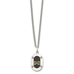 Chisel Stainless Steel Polished with 14K Gold Accent DAD with Black Enameled Pendant on a 24 inch Curb Chain NecklaceSRN3182-24