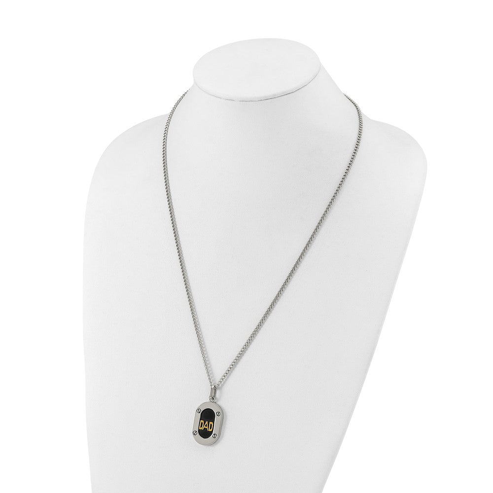 Chisel Stainless Steel Polished with 14K Gold Accent DAD with Black Enameled Pendant on a 24 inch Curb Chain NecklaceSRN3182-24