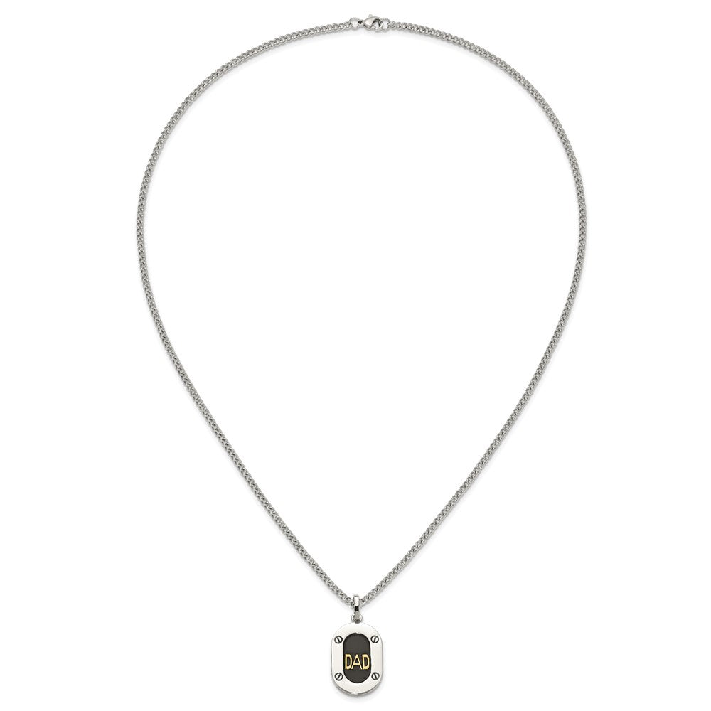 Chisel Stainless Steel Polished with 14K Gold Accent DAD with Black Enameled Pendant on a 24 inch Curb Chain NecklaceSRN3182-24