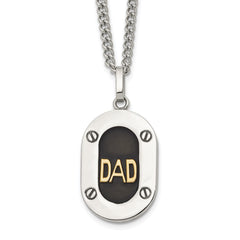 Chisel Stainless Steel Polished with 14K Gold Accent DAD with Black Enameled Pendant on a 24 inch Curb Chain NecklaceSRN3182-24