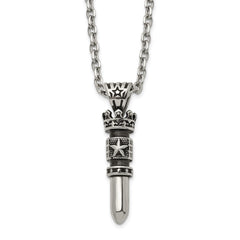 Chisel Stainless Steel Antiqued and Polished Bullet with Crown Pendant on a 24 inch Cable Chain NecklaceSRN3193-24