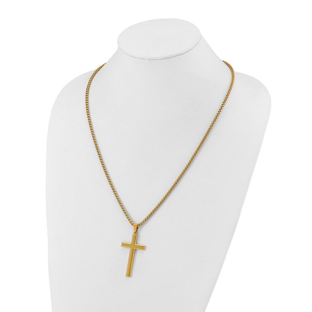 Chisel Stainless Steel Polished Yellow IP-plated Cross Pendant on a 24 inch Box Chain NecklaceSRN3195-24