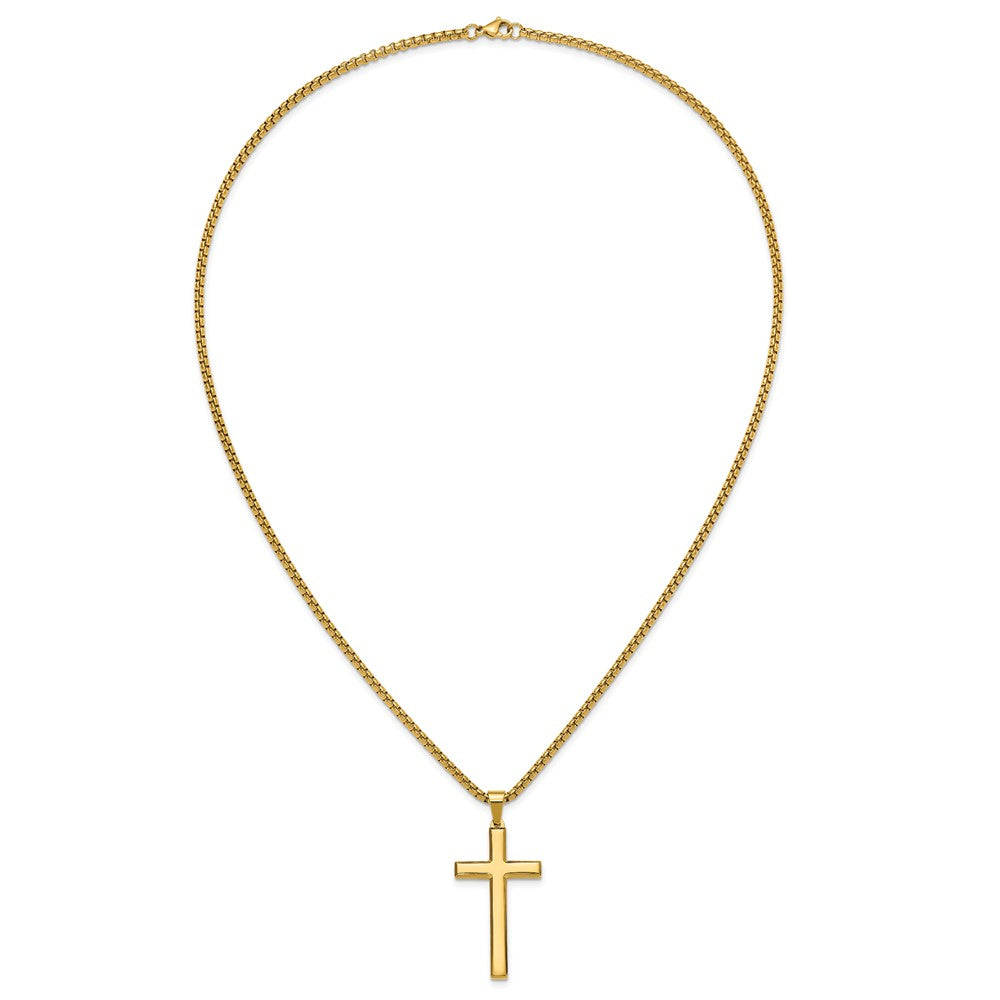 Chisel Stainless Steel Polished Yellow IP-plated Cross Pendant on a 24 inch Box Chain NecklaceSRN3195-24