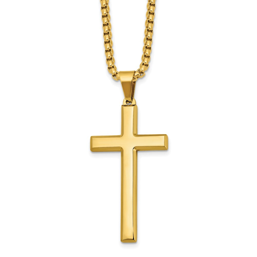 Chisel Stainless Steel Polished Yellow IP-plated Cross Pendant on a 24 inch Box Chain NecklaceSRN3195-24