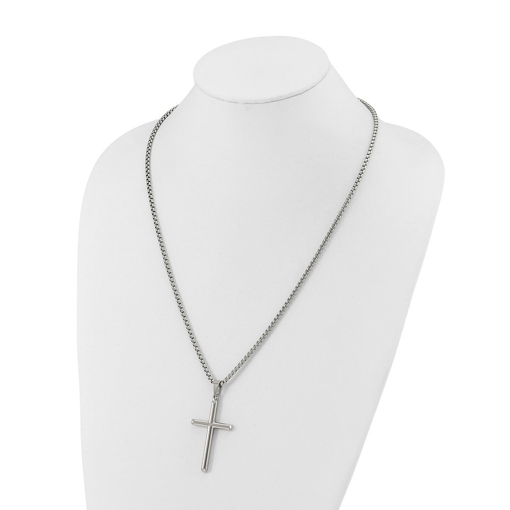 Chisel Stainless Steel Polished Cross Pendant on a 24 inch Box Chain NecklaceSRN3197-24